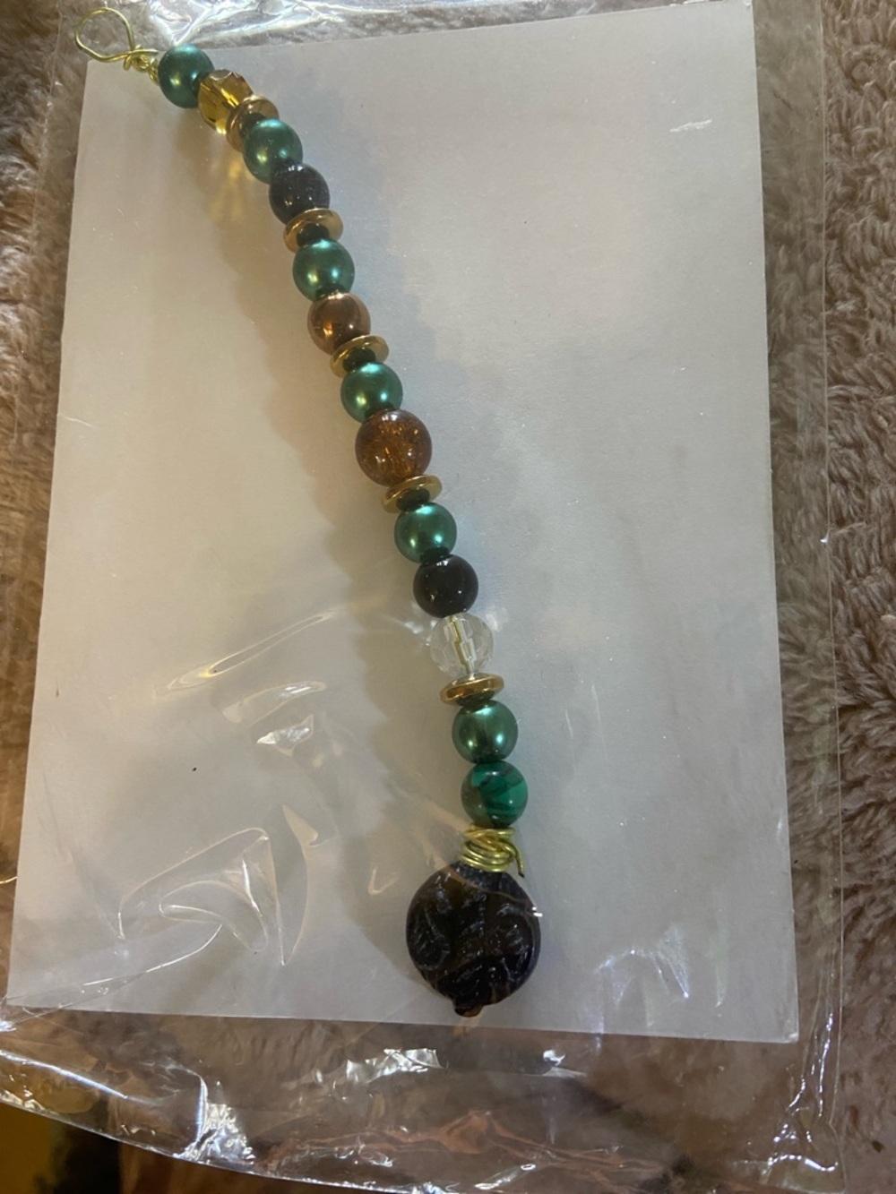 Hand Crafted Green and Gold Beaded Necklace with Dark Pendant